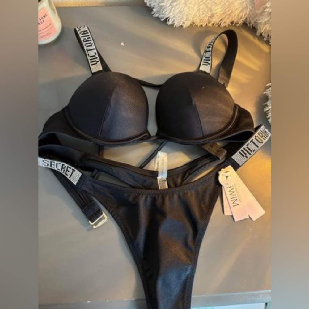victoria secret, black swimsuit, b cup push up top, medium bottoms